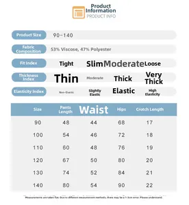 Size chart for children mosquito pants showing fabric composition and detailed measurements