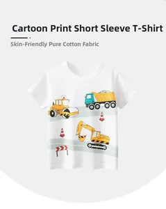 Detail of soft cotton kids t-shirt showing colorful cartoon construction truck prints