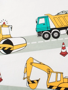 Kids cotton t-shirt featuring colorful excavator and dump truck construction patterns