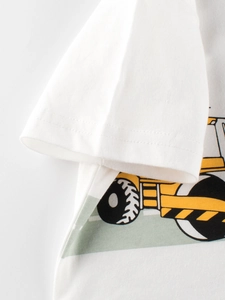 White cotton t-shirt for kids featuring a vibrant yellow steamroller cartoon print
