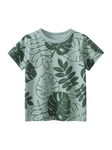 Boys Cotton T-Shirt Short Sleeve Round Neck Tropical Leaf Print Summer Casual Korean Style Toddler Top