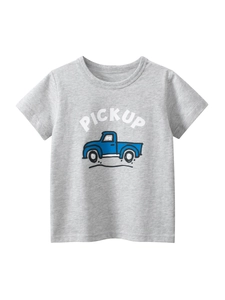 Maglietta A Maniche Corte Da Ragazzo Puro Cotone Stampa Camion Cartone Animato Grigio Girocollo Top Estivi Casual Per Bambini