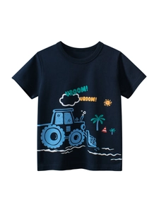 T-Shirt À Manches Courtes Garçon Coton Imprimé Tracteur Excavateur Dessin Animé Col Rond Haut Décontracté Été
