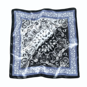 Navy blue and white paisley print silk headscarf with ornate floral border square design