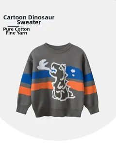 Detail of cotton dinosaur sweater showing fine knit texture and ribbed neckline finishes