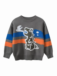 Kids Cotton Knitted Sweater Cartoon Dinosaur Pattern Round Neck Long Sleeve Casual Top For Toddler Boys