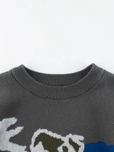 Dark gray knitted kids sweater with ribbed crew neck and colorful jacquard pattern