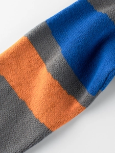 Kids' striped knit sweater featuring vibrant orange, grey and blue color blocks