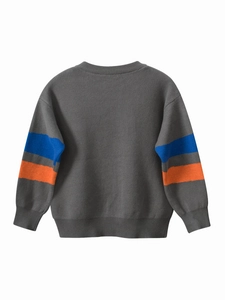 Kids long sleeve dark grey knitted sweater with blue and orange stripes on sleeves