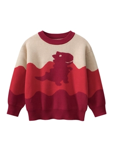 Kids long sleeve crewneck knit sweater with red dinosaur pattern and color block design