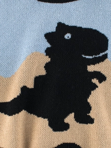 Toddler boys knit sweater featuring cartoon dinosaur pattern and blue beige patchwork color