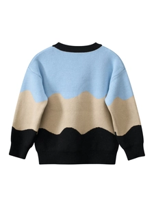 Kids round neck knitted sweater with blue, beige, and black color block wave patterns