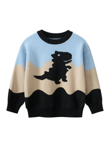 Kids' tricolor knit sweater featuring light blue, khaki, black and a dinosaur silhouette