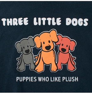 Detail of three cartoon puppies print on dark blue cotton kids t-shirt with slogan