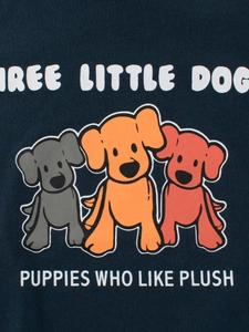 Dark blue cotton T-shirt featuring a colorful cartoon puppy print and THREE LITTLE DOG text