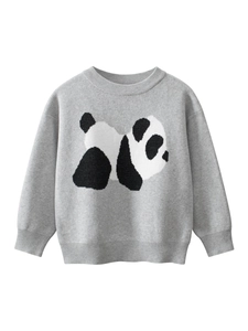 Grey knitted children sweater featuring cute panda jacquard and ribbed round neck cuffs