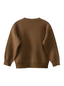Classic dark brown knitted cartoon panda sweater for kids with ribbed cuffs and crew neck