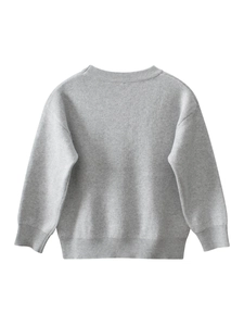 Kids grey cartoon panda knit sweater with long sleeves shown from the back view
