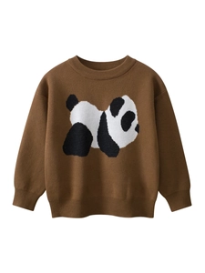 Kids brown knit sweater featuring a large cartoon panda pattern and ribbed cuffs