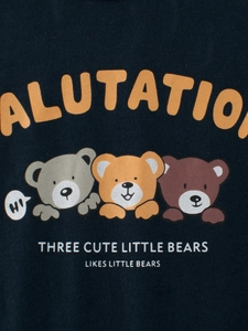 T-shirt bleu marine en coton pour enfants avec imprimé trois ours et texte orange vif