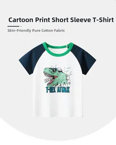Detail of soft cotton fabric and dinosaur print on boys' short sleeve raglan tee