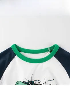 Detail of green ribbed neckline and raglan sleeve stitching on kids dinosaur cotton t-shirt
