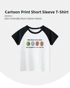 Close-up of soft 100% cotton fabric and cartoon emojis on raglan short sleeve kids t-shirt
