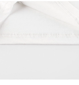 Close-up of double-needle stitching and fine knit texture on the white T-shirt hem