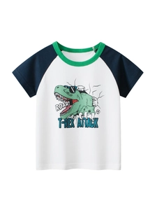 Boys T-Shirt 100 Percent Cotton Cartoon Dinosaur Print Raglan Short Sleeve Contrast Color Summer Casual Crew Neck Tops