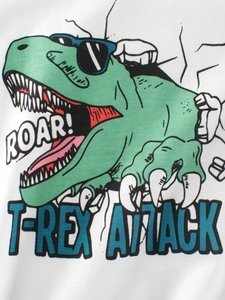 White cotton t-shirt for boys featuring a green T-Rex cartoon with Roar typography