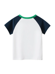 Back view of boys' raglan dinosaur T-shirt with navy sleeves and green crew neck