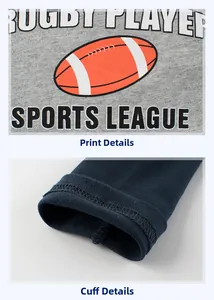 Détails de l'imprimé rugby et des poignets en maille côtelée sur t-shirt enfant