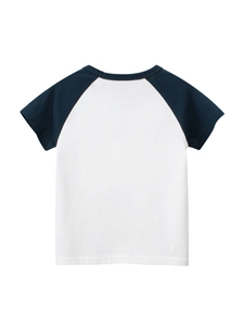 Kids cotton short sleeve T-shirt with blue raglan sleeves and white body in minimalist style