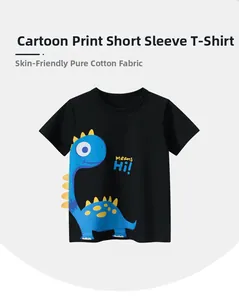 Detailed view of kids cotton t-shirt with blue cartoon dinosaur print and soft texture