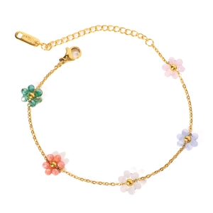 Bracelet chaîne en acier inoxydable doré avec cinq fleurs en perles colorées