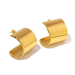 Modern 18K gold plated stainless steel C-shape hoop earrings with high polish finish