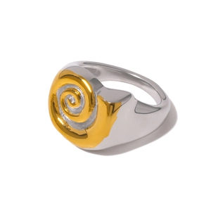 Polished silver and gold mixed metal dome ring with textured spiral relief design