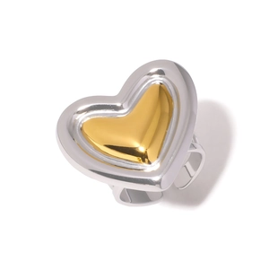 Bague ajustable en forme de cœur bicolore avec couches de plaqué or et argent