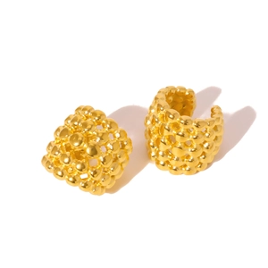 Minimalist C-shaped gold beaded ear cuffs with bubble texture in polished titanium steel