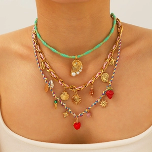Boho Pendant Necklace 18K Gold Plated Stainless Steel Woven Rope Marine Shell Fruit Charms Jewelry For Women