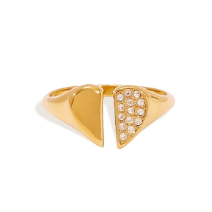 Elegant gold-plated stainless steel ring with half-polished and half-paved heart design