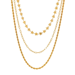 Three-layer 18K gold plated stainless steel necklace with star pendant and paperclip chain