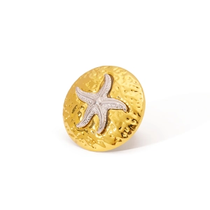 Gold plated stainless steel ring with starfish design and sparkling inlaid crystal