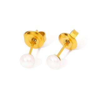 Elegant gold plated stud earrings featuring round white natural freshwater pearls