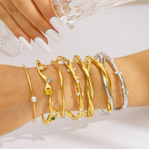 Bracelet Jonc Ouvert en Acier Inoxydable pour Femmes Plaqué Or Argent Torsadé Vague Künstliche Perle Zircone Bijoux Minimalistes Cadeau