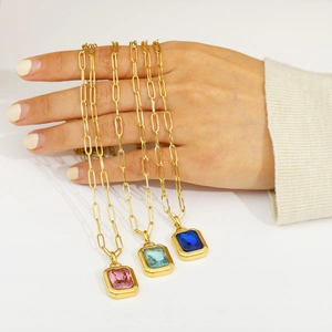 Gold plated paperclip necklaces with rectangular pink, light blue and dark blue zircons