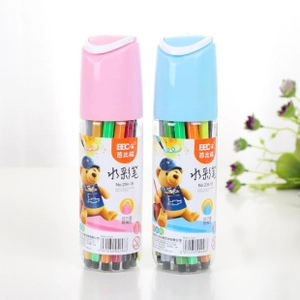 Detailed view of 18-color watercolor pen sets in pink and blue cylindrical cases