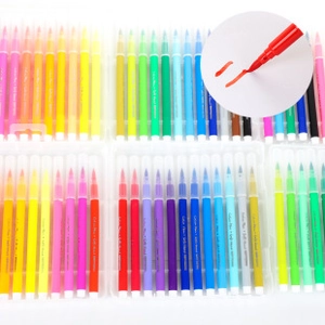 Close-up of soft brush tips and vibrant color swatches of watercolor markers set
