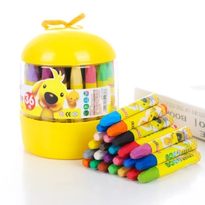 Detailed set of 36 colored oil pastels in a yellow portable storage bucket with handle