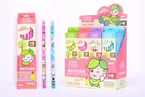 Detail of HB pencils box set featuring colorful cartoon pine tree designs for students